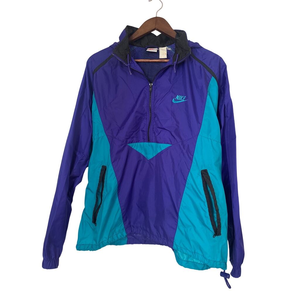 Men's Vintage Nike Pullover Windbreaker Purple/Teal Colorblock Hooded Size M